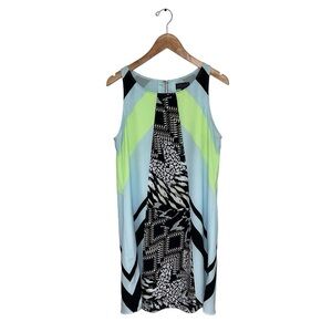 Hale Bob Dress Women’s Size Small Light Blue Neon Black Pattern Shift Sleeveless